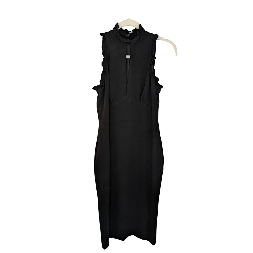 Shoshanna Black Minimalist Midi Dress Mock Neck Keyhole LBD 2 - Picture 4 of 14